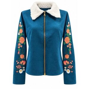 Flowers Womens Teal Floral Embroidered Sherpa Collar Zip Up Jacket Size PS Small